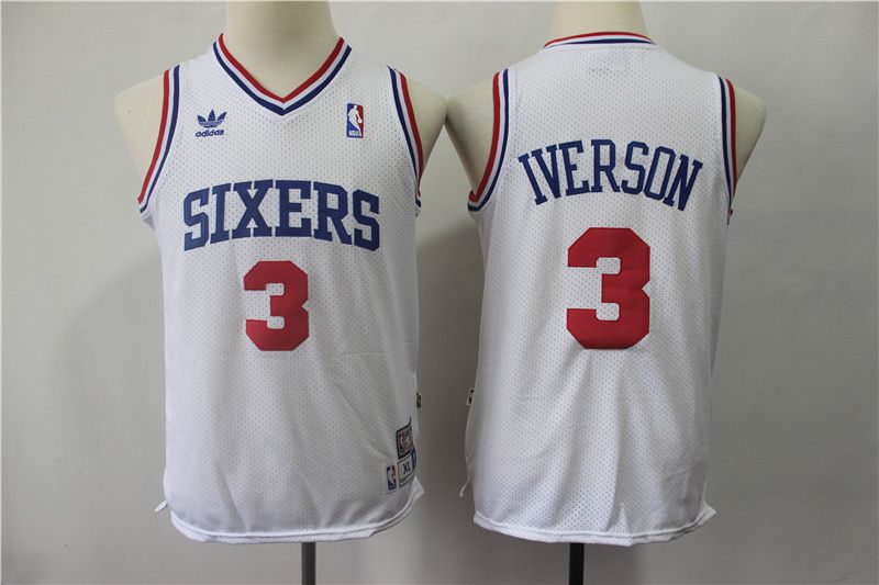 Youth Philadelphia 76ers #3 Iverson White Adidas NBA Jerseys->philadelphia 76ers->NBA Jersey